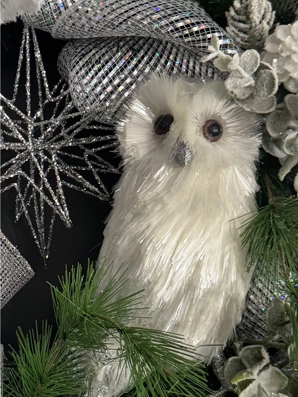 Silver Glitter Pinecone and Snow Owl Holiday Wreath Accent with Lights